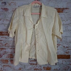 Peter Martin Linen Shirt Women 12 Cream Frog Knot Button Vintage Short Sleeve